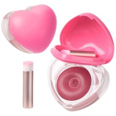 Imagem de Blush creme em forma de coração para bochechas e lábios – Kit de bálsamo labial e bochecha 2 em 1 com mini pincel – Blush orvalhado, maquiagem facial para mulheres, portátil compacto para viagens e