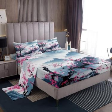Imagem de jejeloiu Jogo de lençol infantil casal estilo japonês, Sakura, flores de cerejeira, decoração de quarto de adolescentes, microfibra macia