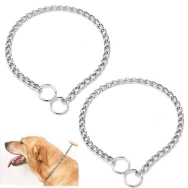 Imagem de Coleira gargantilha prateada para cães, pacote com 2 coleiras pesadas para treinamento de metal, coleira de martingale, corrente de estrangulamento para cães de raças PPP PP, médio, grande, G