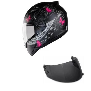Imagem de Capacete Ebf New Spark Borboleta Preto e Rosa Mais Viseira Fumê Cor:;Tamanho:61;Gênero:Feminino-Feminino
