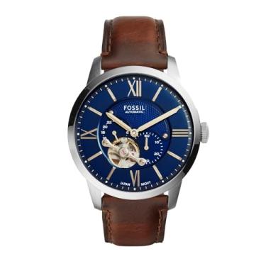 Imagem de Fossil Relógio masculino Townsman automático de aço inoxidável e couro esqueleto com duas mãos, Couro marrom/prata/azul, 44MM, Relógio esqueleto