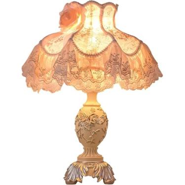 Imagem de SANDYHA Luminária De Mesa Estilo Europeu Rosa Com Cúpula Tecido, Lâmpada E27 Vitoriana E Interruptor Botão, Lâmpadas Vintage Para Quarto, Sala Estar, Escritório Estudo