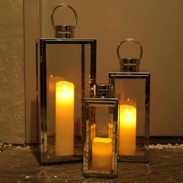 Imagem de DECORKEY Lanternas De Aço Inoxidável Decorativas Para Áreas Externas E Internas, Conjunto 3 Varanda, Lanterna Grande Vela 25''/19,5''/15'' Com Vidro, Fazenda Vintage, Pátio, Caminho, Jardim, Outono