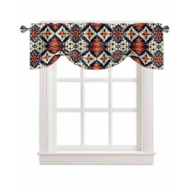 Imagem de Cortinas indianas de amarrar com estampa retrô vermelha azul retrô saia de cozinha abstrata para janela sala de estar 137 x 45 cm, filtro de luz ajustável, bolso para varão, boho, tratamento de janela
