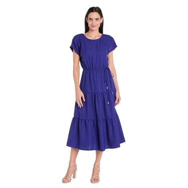 Imagem de R&M Richards Vestido midi de linho elegante com cintura caída, saia em camadas, mangas curtas e laço na cintura, Índigo, 46