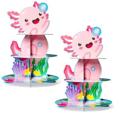 Imagem de ANGOLIO 2 peças, suporte de cupcake axolotl, 3 camadas, rosa, fofo, para festa de aniversário, papelão, cupcake, decoração, desenho animado, bolo, sobremesa, para chá de bebê, aniversário, suprimentos