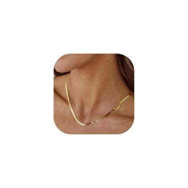 Imagem de ChainsHouse Colar gargantilha de espinha de peixe de corrente plana para mulheres, aço inoxidável/ouro rosa/banhado a ouro 18K delicado, ajustável, simples, em camadas, 30,5 cm/38