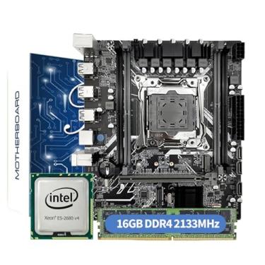 Imagem de MOUGOL Placa-Mãe X99 Kit de Atualização, LGA 2011-3, M-ATX, 4*DDR4, USB 2.0/3.0, SATA 2.0/3.0, M.2 Placa-mãe para jogos com CPU E5-2680 V4 e MOUGOL 16GB Memória(1 * 16G DDR4 2133MHz）
