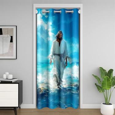 Imagem de Cortina de porta com versículos da Bíblia Cristã, Cortinas de Porta de Praia Oceano Azul para Quarto de Crianças Adolescentes Privacidade, Versos da Bíblia Tema Cortina de Privacidade Pintura a Óleo