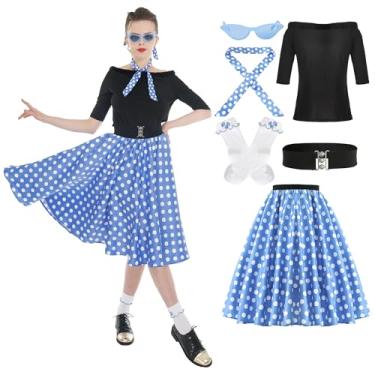 Imagem de Leadtex Roupas femininas Sock Hop, saias poodle dos anos 1950, camiseta poodle, com acessórios dos anos 50, meias, cachecol e cinto (azul, M)