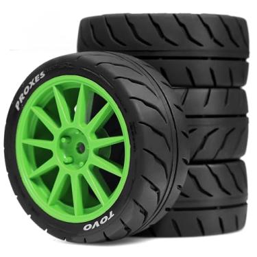 Imagem de Chanjorlin 1/10 RC On Road Racing Tires and Wheels 12mm Hex OD 2.72'' RC Rally Street Tyres for 1:10 Scale Touring Drift Car Tamiya TT01 TT02 XV01 TA06 A959 PTG2 HPI KYOSHO HSP Traxxas 4PCS (Green)