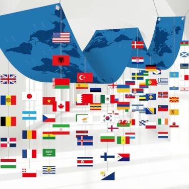 Imagem de Leinuosen Banner de bandeira internacional 365,8 x 38,1 cm Banner de mapa do mundo com 90 países conjunto de decoração nacional para escola sala de aula clube esportivo decoração de artigos de festa