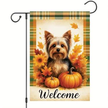Imagem de Starlit Patio Bandeira de jardim de outono de Ação de Graças Yorkshire Terrier bandeira de cachorro 30,5 x 45,7 cm dupla face abóbora xadrez folha quintal banner outono decoração ao ar livre para