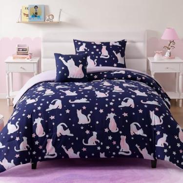 Imagem de Wink Deer Jogo de cama solteiro para meninas, meninos, 3 peças, gato fofo, 1 edredom, 1 fronha e 1 travesseiro decorativo