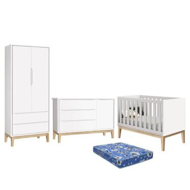 Imagem de Dormitório Infantil Classic 2 Portas, Cômoda 1 Porta, Berço com Pés Madeira Natural e Colchão - Reller Móveis Branco Fosco