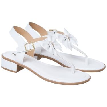 Imagem de Sandália Feminina com Laço, Salto Baixo 2cm, Tiras Brancas, Fivela Dourada (Branca, BR, Adulto, Numérico, 33)