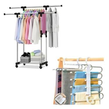 Imagem de Arara Dupla de Roupa em Aço Inox Cabideiro Sapateira Quarto Resistente com Rodinha Multiuso Mais de 30 Cabides(Kit Arara Dupla Inox + Cabide)