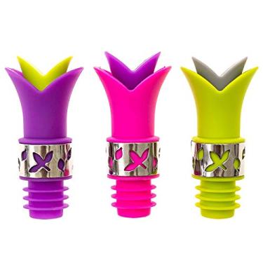 Imagem de Rolha de silicone para garrafa de vinho com detalhes de aço inoxidável, pacote com 3 rolhas de flores para vinho de vidro, óleo de cozinha, licor, garrafas aromatizantes - verde/rosa/roxo
