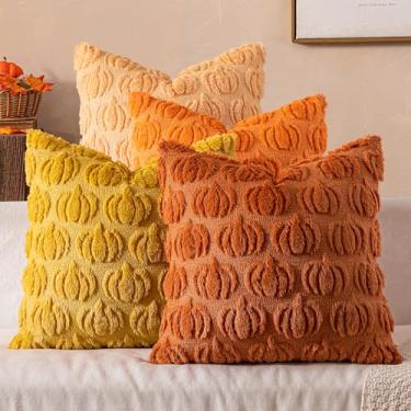Imagem de Woaboy Capas de almofada de abóbora de outono macias e aconchegantes 45,7 x 45,7 cm conjunto de 4 almofadas decorativas outono Halloween decoração de casa para sofá varanda cama sala de estar