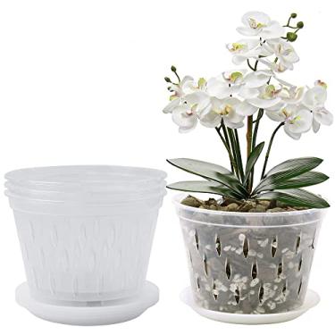 Imagem de lanccona Pote de orquídea, 20 cm, pacote com 4 potes de orquídea com furos e pires, vasos de orquídea de plástico transparente