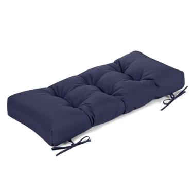 Imagem de ROFIELTY Almofada de banco para ambientes externos, tecido impermeável/à prova de sol, almofada de banco tufada com 2 laços, adequada para banco de jardim ao ar livre/balanço/móveis internos (azul