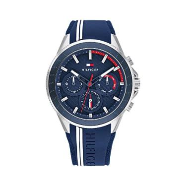 Imagem de Tommy Hilfiger Relógio esportivo masculino multifunções de aço inoxidável e pulseira de silicone de quartzo, Azul marino