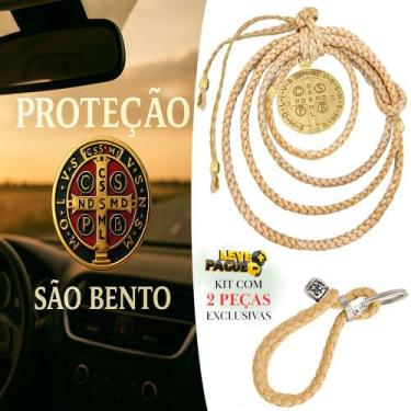 Imagem de Chaveiro Country Capiau + Penduricalho Laço Couro Bege Medalhão São Be