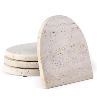 Imagem de Koville Conjunto de 4 porta-copos de travertino, porta-copos de mármore natural para bebidas, porta-copos de pedra de 10 cm, resistente ao calor, porta-copos de mármore decorativo para decoração de