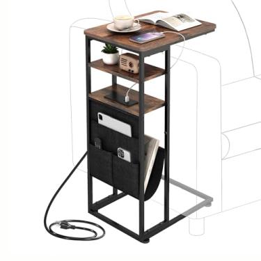 Imagem de ZEXVIDA Mesa de canto em forma de C com estação de carregamento, mesa de 71 cm (A) de 3 camadas C com bolsa de armazenamento, mesa de canto em forma de C para sofá com prateleiras de armazenamento e
