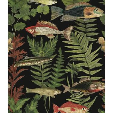 Imagem de Papel de parede Boho Fish Peel and Stick Green Plants Wallpaper 44.5 cm x 299.7 cm Vintage Fern & Fish Contact Paper Vinil Impermeável Autoadesivo Dark Modern Mural de parede para decoração de paredes