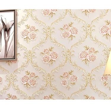 Imagem de ESSMOKO 53 * 950 cm Papel de parede não tecido estilo flor pastoral 3D sala de estar quarto hotel papel de parede bege claro 53 * 950 cm