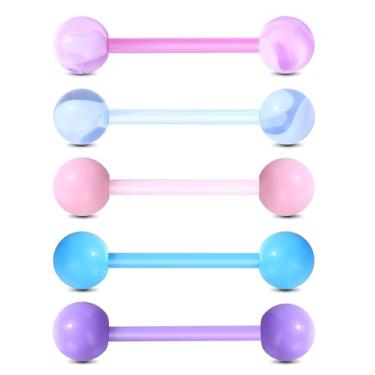 Imagem de Jewseen 5 peças de halteres de língua 14 G joias de acrílico piercing de língua de cor doce barras de lingueta piercing de língua para mulheres, Acrílico, Zircônia cúbica