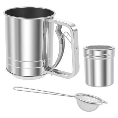 Imagem de Peneira de farinha 3 em 1 para assar, peneira de malha fina de camada dupla de aço inoxidável com 3 xícaras, espanador de farinha com tampa, colher de peneiras de especiarias de açúcar em pó, peneira