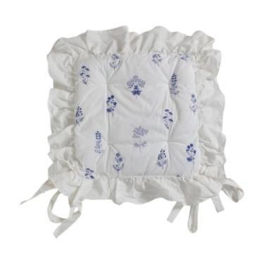 Imagem de Whtkoph Almofada para Cadeira com Babados E Estampa Floral, Quadrada, Antiderrapante E Elegante, Multifuncional, para Casa, Casamento E Cozinha, Flor-azul, Tamanho real