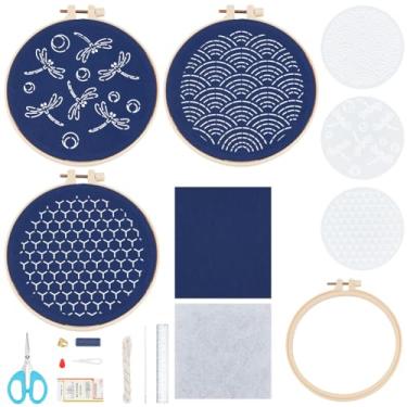 Imagem de FREEBLOSS Conjunto de 3 conjuntos de kit de bordado para pendurar na parede, kit completo Sashiko, inclui modelos de PET, linha, agulhas, artesanato de costura manual de tecido para adultos