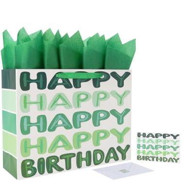 Imagem de Conjunto de sacolas de presente de feliz aniversário verde extra grande de 42 cm com alças, cartão comemorativo, papel de seda e adesivos para mulheres, meninas, homens, meninos, crianças