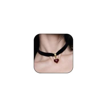 Imagem de Hremhoo Gargantilha preta para mulheres, gótico, vermelho, preto, coração, veludo, renda, gola, festa de Halloween, joia ajustável, Zinco, Sem Pedra Preciosa