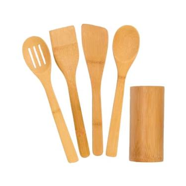 Imagem de Kit Colher De Pau Utensílios Em Bambu 5 (4 talheres + suporte) Peças Anti Fungos Casa Cozinha Colheres