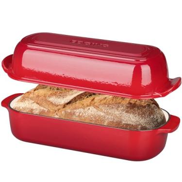 Imagem de EDGING CASTING Forma de pão de ferro fundido esmaltado com tampa, forno holandês para assar pão caseiro, 32 x 14 cm, 5 litros, vermelho