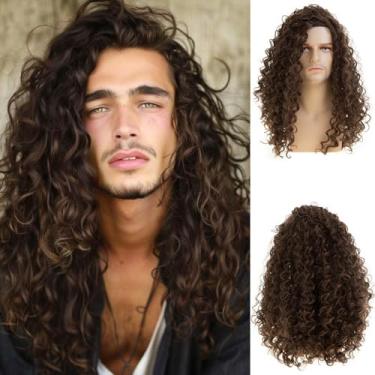 Imagem de Sallcks Peruca masculina longa marrom encaracolado natural encaracolado marrom cosplay fantasia Halloween peruca de cabelo sintético para homens