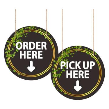 Imagem de (Pacote com 2) Placa Order Here Pick Up Here - Placas redondas de madeira de 21 cm com corda para pendurar, placa elegante de café e loja de varejo para balcão, decoração de loja e viagem (branco