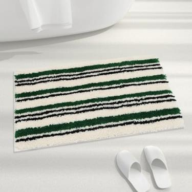 Imagem de Tapete de banheiro listrado verde escuro antiderrapante, tapete de banho de microfibra absorvente fofo lavável, tapete de banheiro fofo para pia, banheira e chuveiro, 61 cm x 40 cm