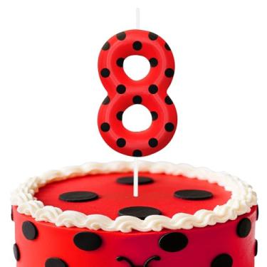 Imagem de Velas de aniversário de joaninha número 8, topo de bolo de bolinhas vermelhas e pretas para meninos e meninas, decorações de aniversário, suprimentos de festa, velas numéricas para decoração de festa