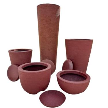Imagem de Kit 5 Vasos Escovado Coluna Redonda N1 e N2 + Ibiza + Bojo N1 + Bacia Polietileno Para Plantas Decorativo Luxo Moderno(Marrom)
