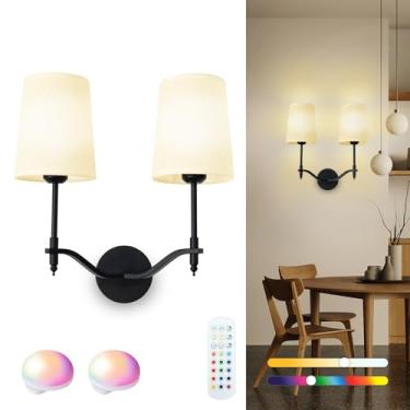 Imagem de Troconce Arandelas de parede operadas por bateria 2 luzes, arandela de parede preta recarregável com 15 lâmpadas RGB reguláveis destacáveis e controle remoto, lâmpada de parede alimentada por bateria