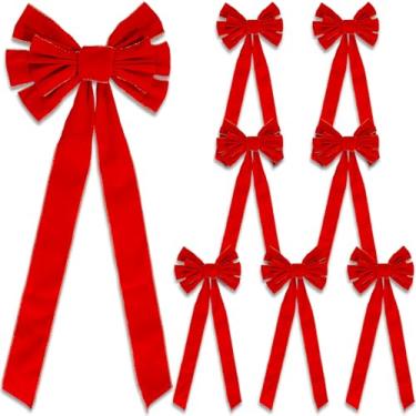 Imagem de 8 peças grande laço de Natal 78 x 29 cm laço de guirlanda de veludo vermelho com borda dourada brilhante enfeite de árvore de Natal laços para Natal, casa, interior, exterior, porta da frente, festas
