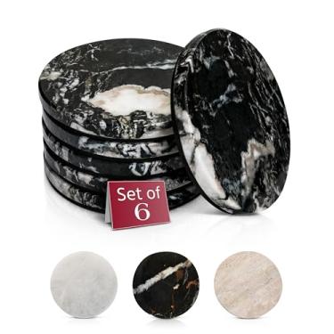 Imagem de Gusto Nostro Conjunto de 6 porta-copos de mármore preto com suporte antiderrapante - porta-copos de pedra natural de luxo para bebidas - Acessórios de cozinha de mármore genuíno, porta-copos de pedra