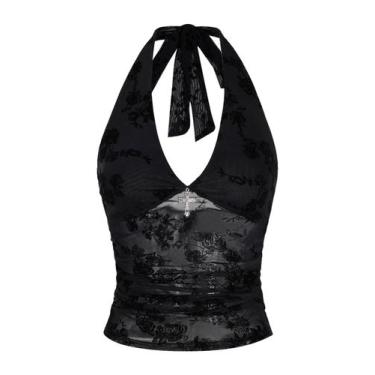 Imagem de Camiseta feminina Verdusa Y2k Gothic Halter Mesh Crop Top preta