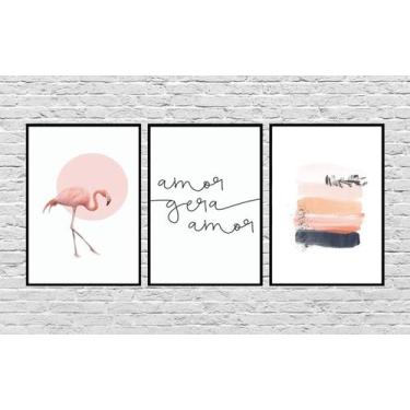 Imagem de Quadros Decorativos Flamingo Amor Frase Pinceladas Abstrato Rosa - Cen