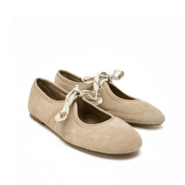 Imagem de CAGLGLZ Sapatilhas femininas de balé com cadarço e laço amarrado bico redondo Mary Jane Sapatilhas confortáveis sem cadarço, Bege, 35